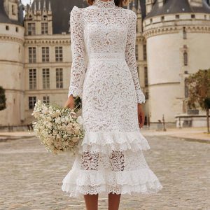 Sheath Lace Ivory Ruffled Wedding Dress With Long Sleeves