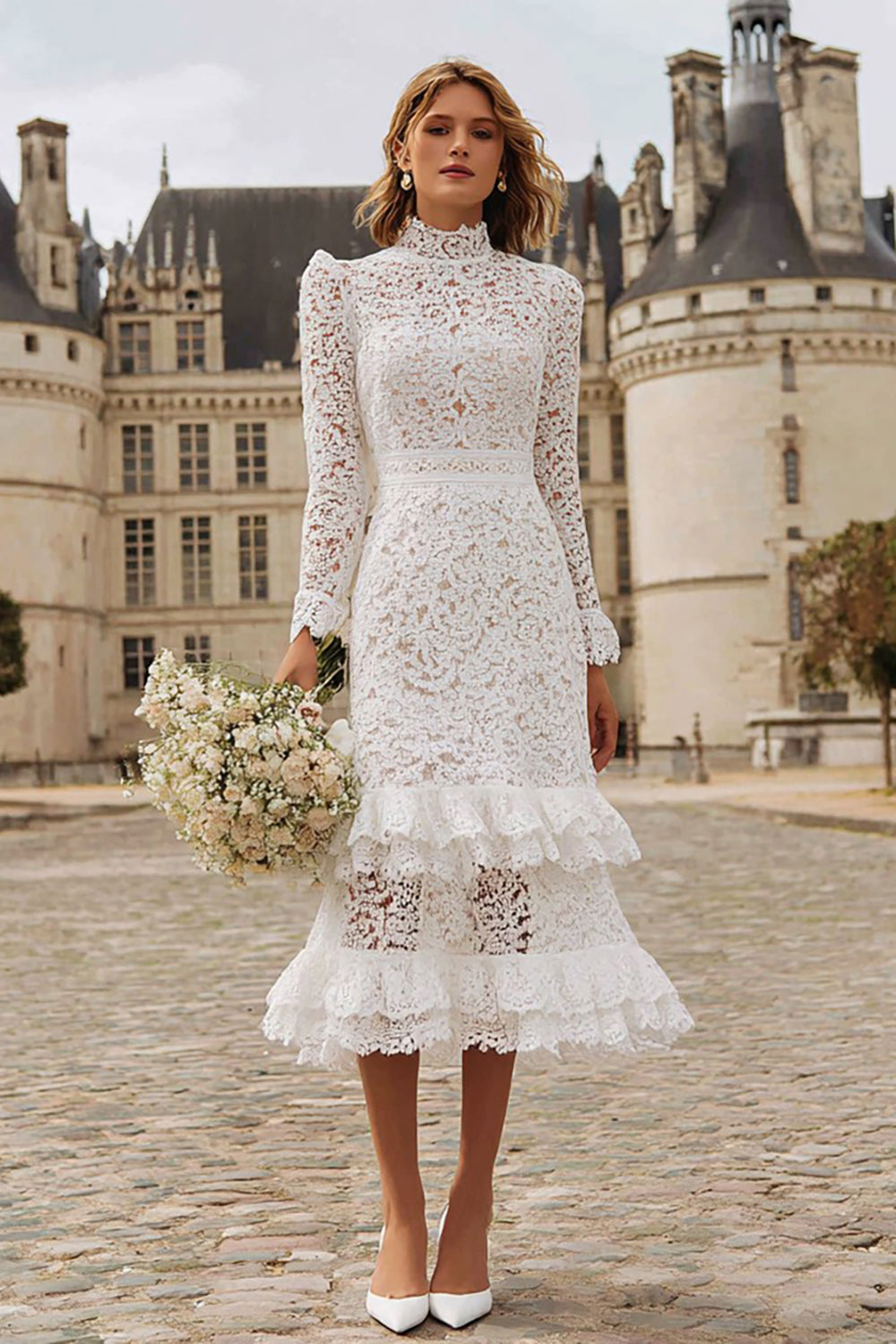 Sheath Lace Ivory Ruffled Wedding Dress With Long Sleeves