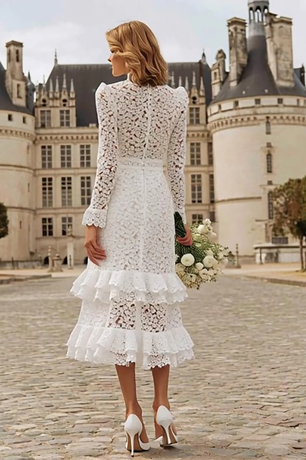 Sheath Lace Ivory Ruffled Wedding Dress With Long Sleeves - Image 2