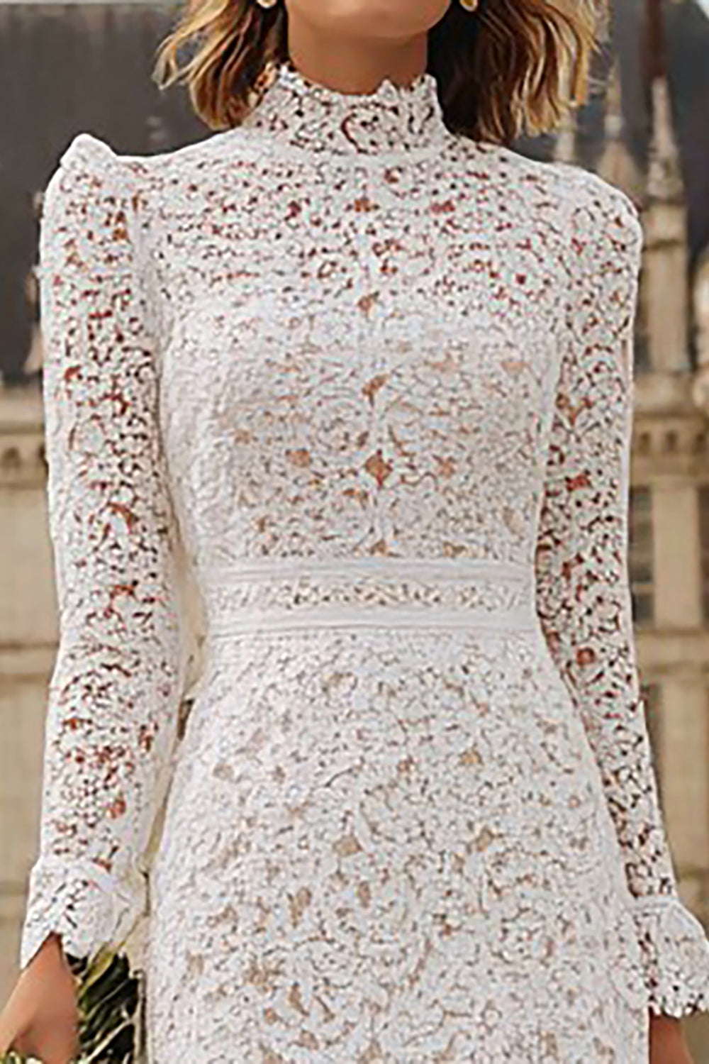 Sheath Lace Ivory Ruffled Wedding Dress With Long Sleeves - Image 3