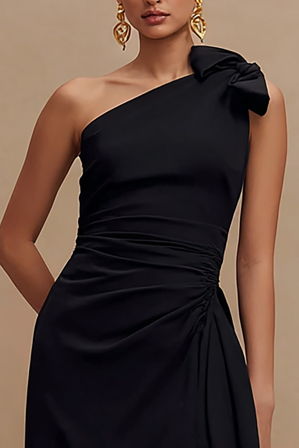 Sheath One Shoulder Satin Black Tie Dress With Slit - Image 2