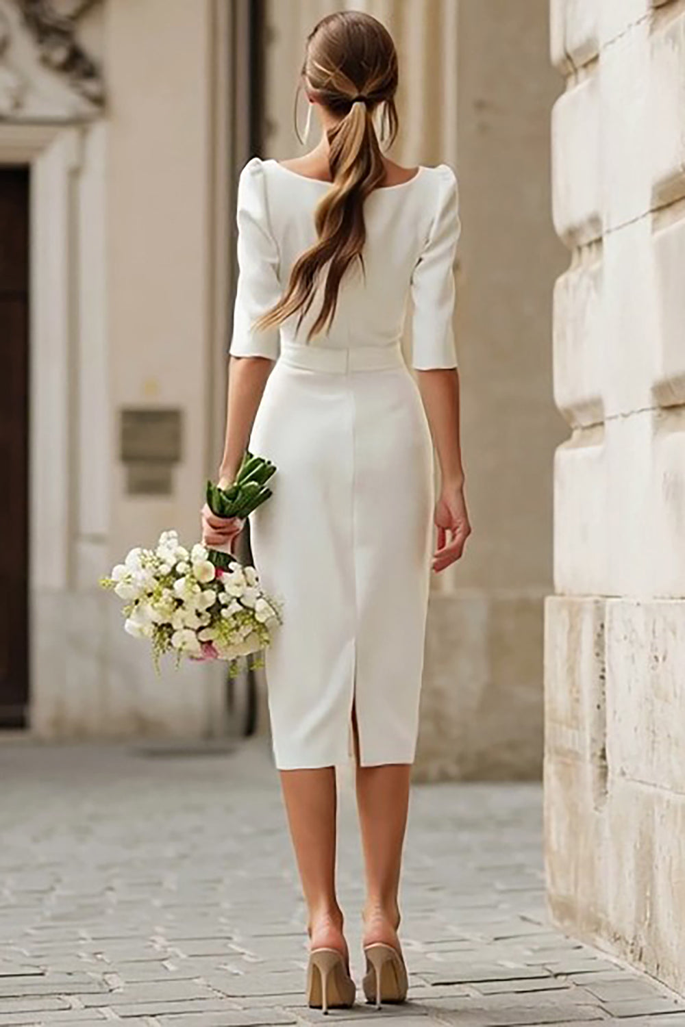 Sheath Ivory Bateau Neck Midi Engagement Dress With Half Sleeves - Image 2