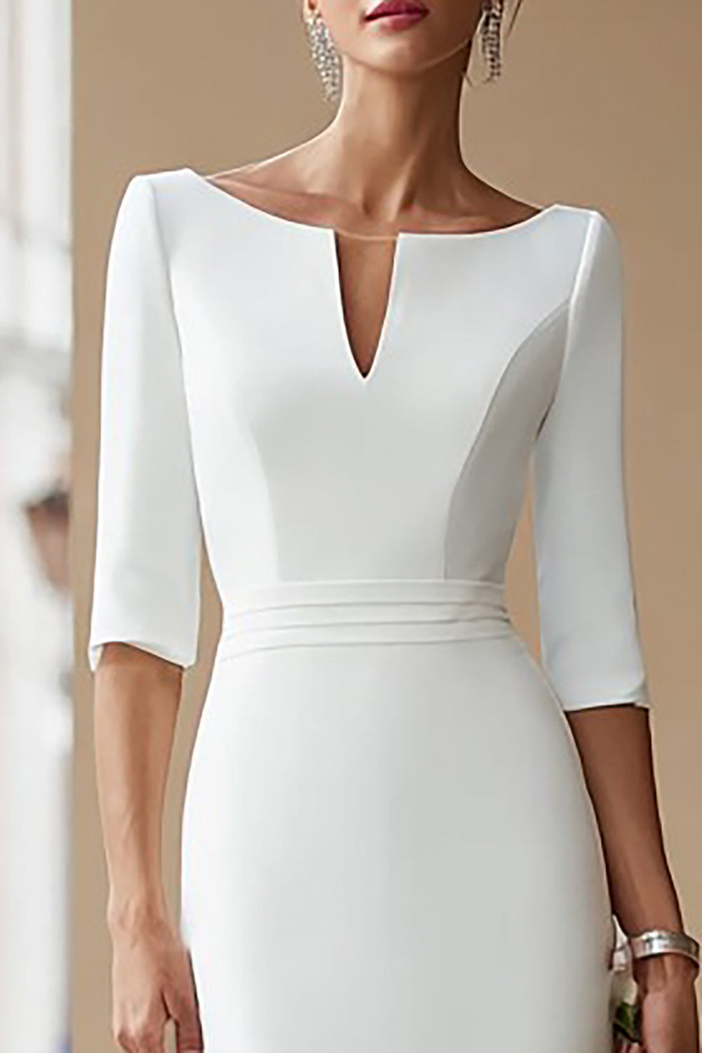 Sheath Ivory Bateau Neck Midi Engagement Dress With Half Sleeves - Image 3