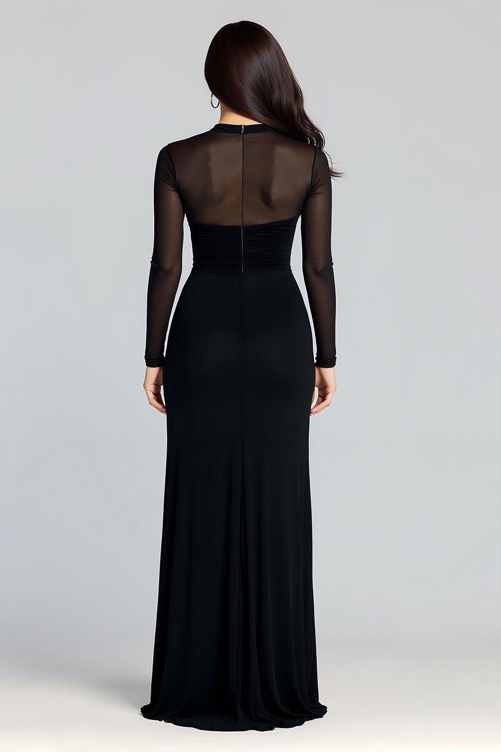 Sheath Ruched Long Sleeve Black Tie Dress With Slit - Image 2