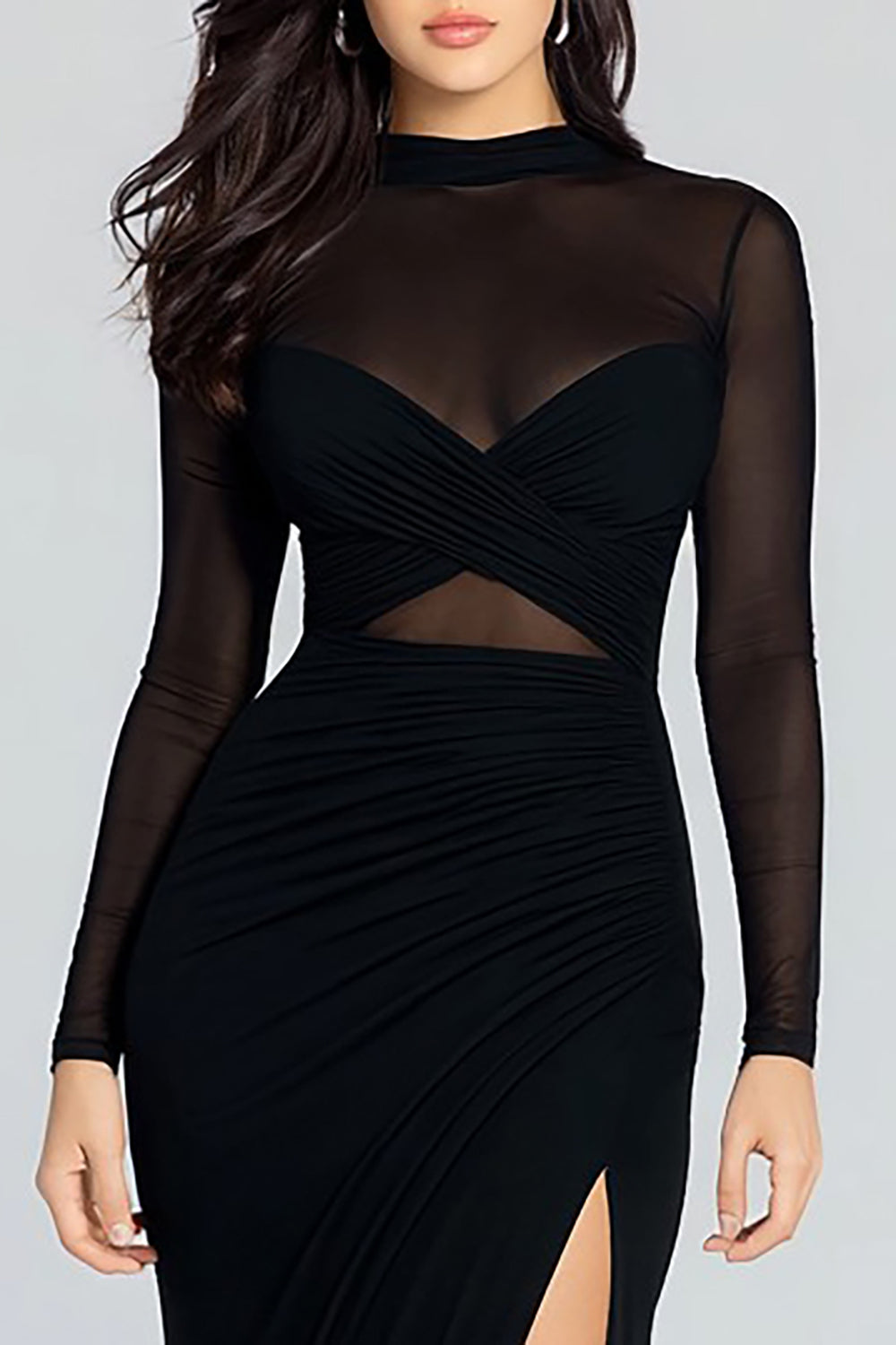 Sheath Ruched Long Sleeve Black Tie Dress With Slit - Image 3