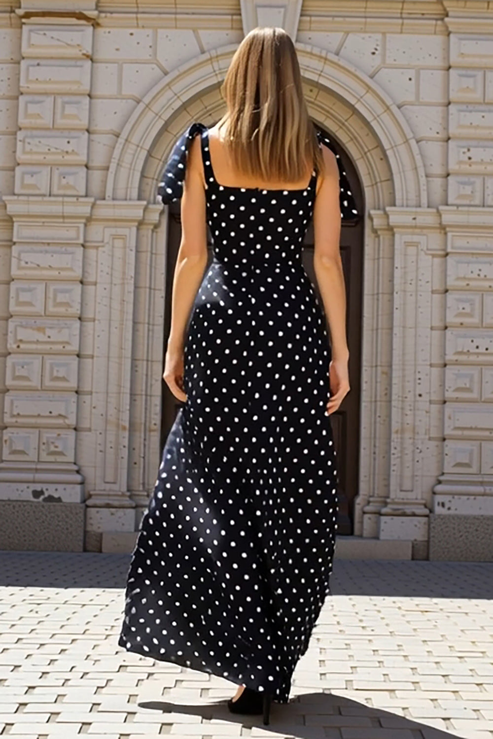 Sheath Black White Polka Dot Maxi Wedding Guest Dress - Image 2
