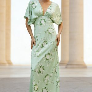 Green Floral Sheath V-Neck Wedding Guest Dress With Half Sleeves