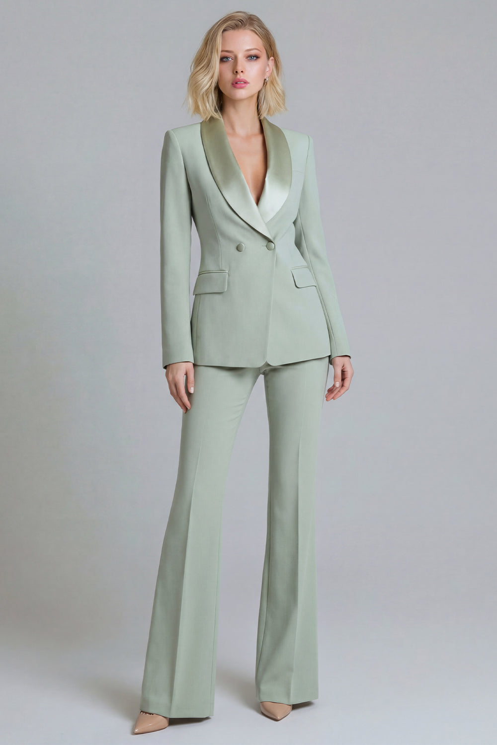 Shawl Lapel Green 2 Piece Classic Women Suits