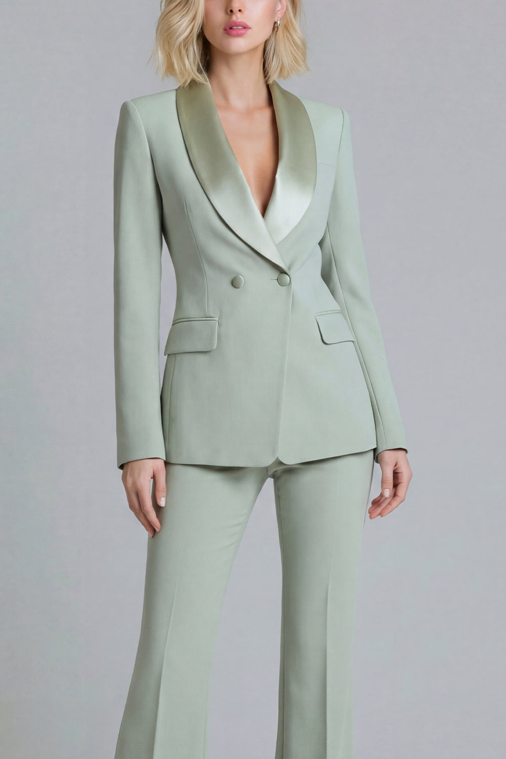 Shawl Lapel Green 2 Piece Classic Women Suits - Image 3