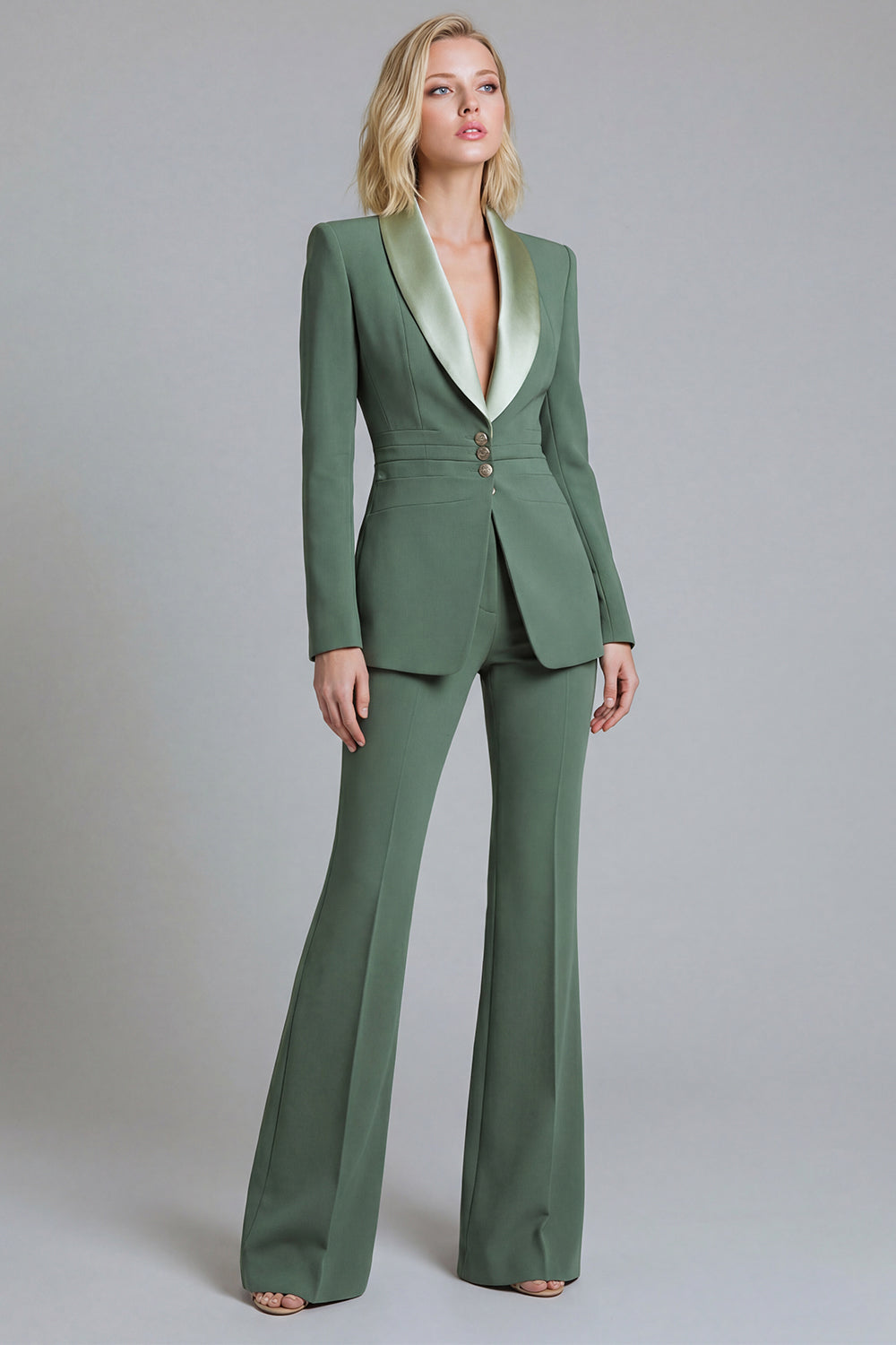 Shawl Lapel 2 Piece Grey Green Slim Fit Women Suits