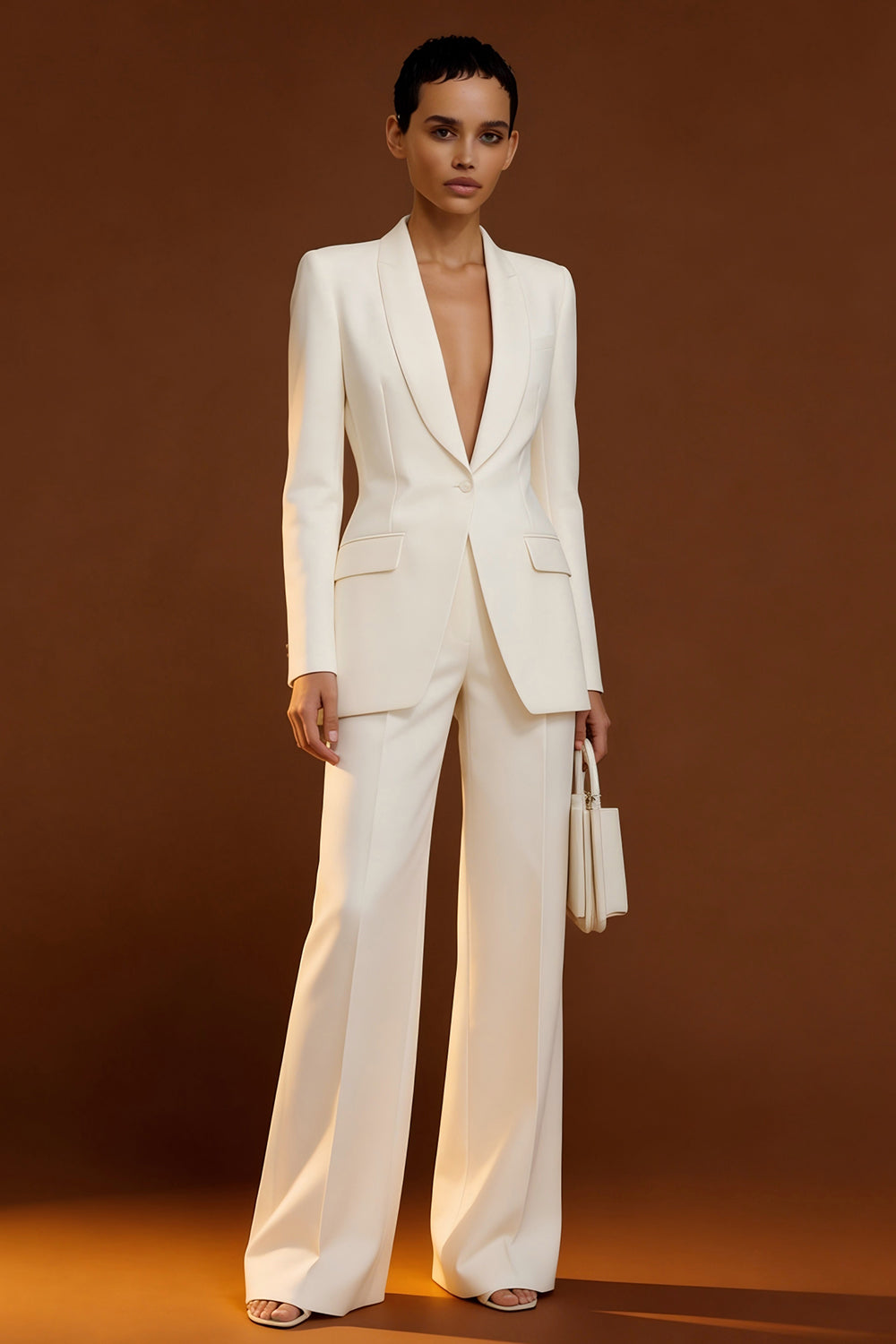 Shawl Lapel Ivory Long Sleeve 2 Piece Women Suits