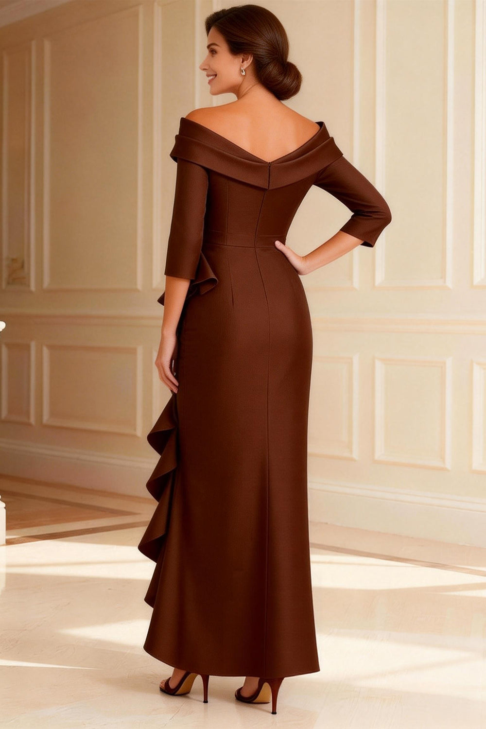 Sheath Satin Ruffled Chocolate Mother of the Bride Dress - Image 2