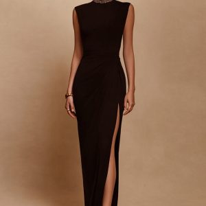 Sheath Beaded High Neck Black Tie Dress With Slit