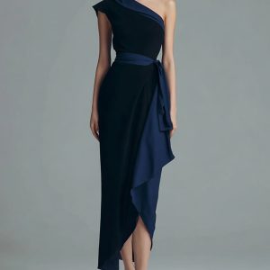 Sheath One Shoulder Black Semi-Formal Dress with Sash