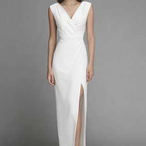 Sheath V Neck Maxi White Dress with Slit