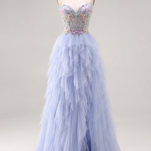 Sequin A Line Corset Ruffled Light Plum Prom Dress