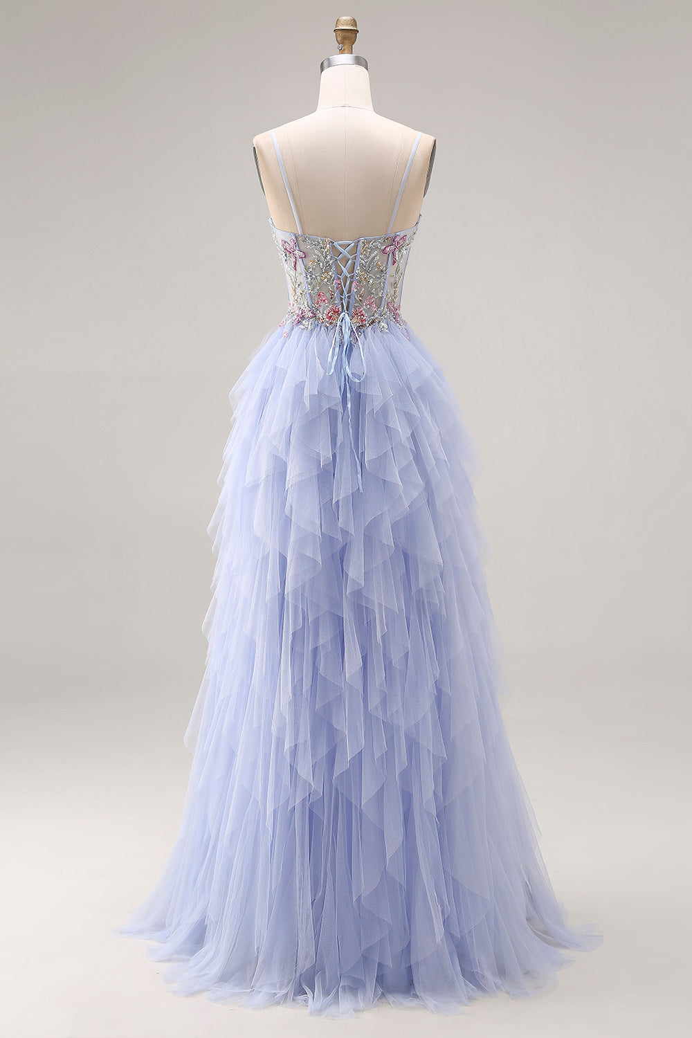 Sequin A Line Corset Ruffled Light Plum Prom Dress - Image 2