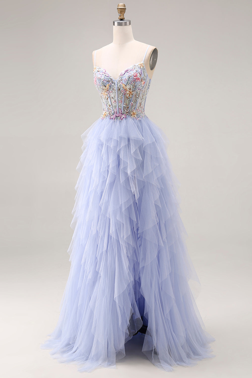 Sequin A Line Corset Ruffled Light Plum Prom Dress - Image 3