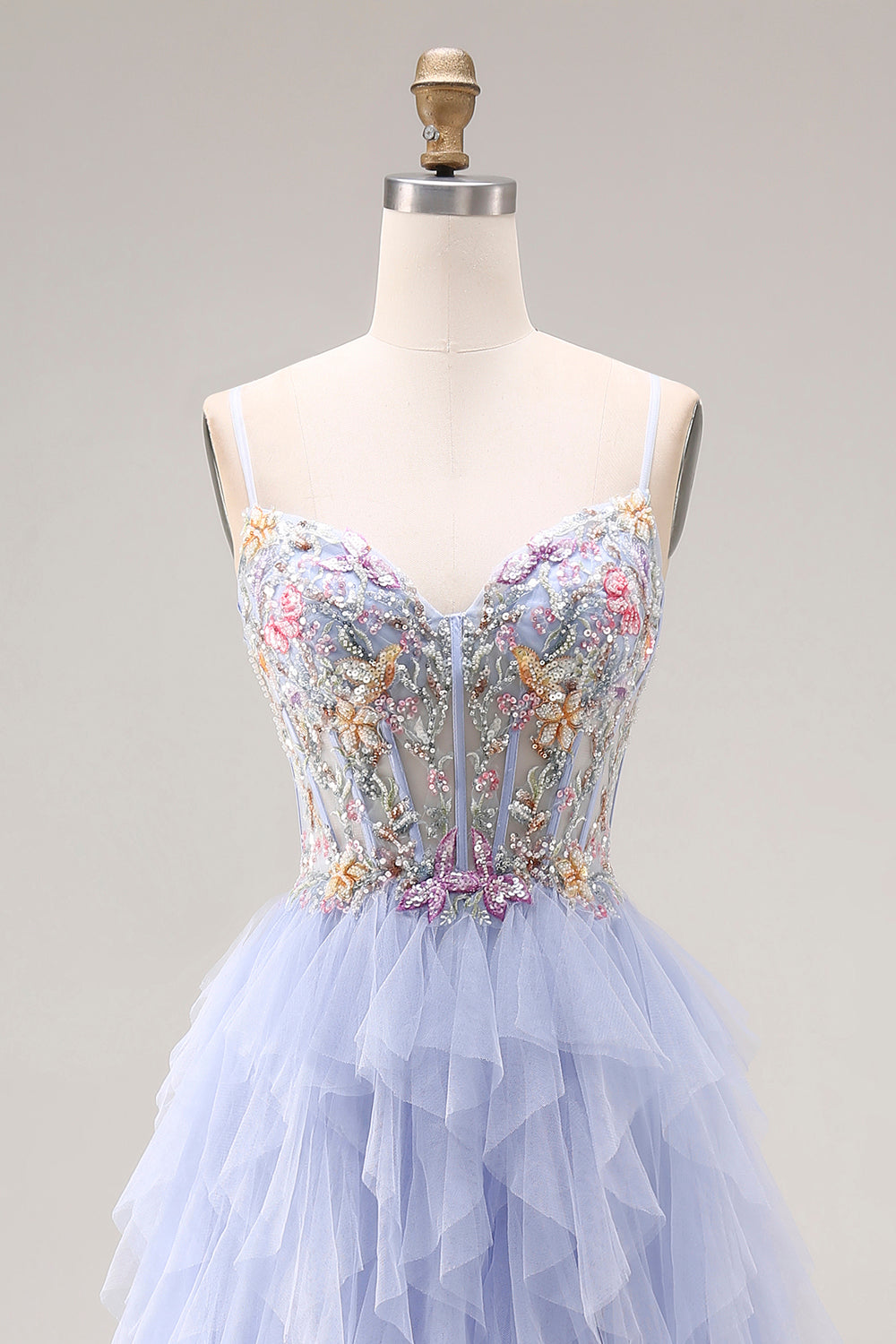Sequin A Line Corset Ruffled Light Plum Prom Dress - Image 4