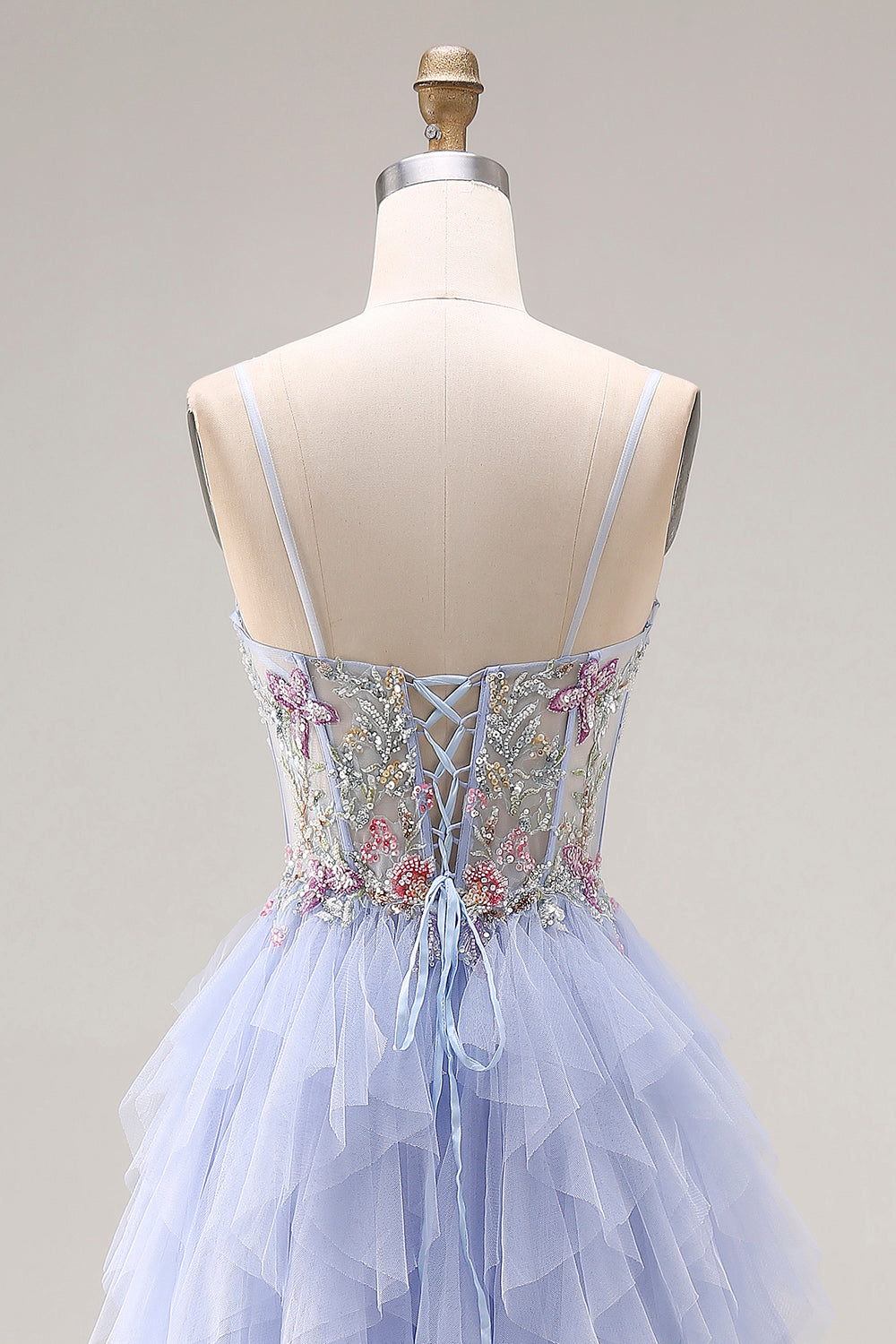 Sequin A Line Corset Ruffled Light Plum Prom Dress - Image 5