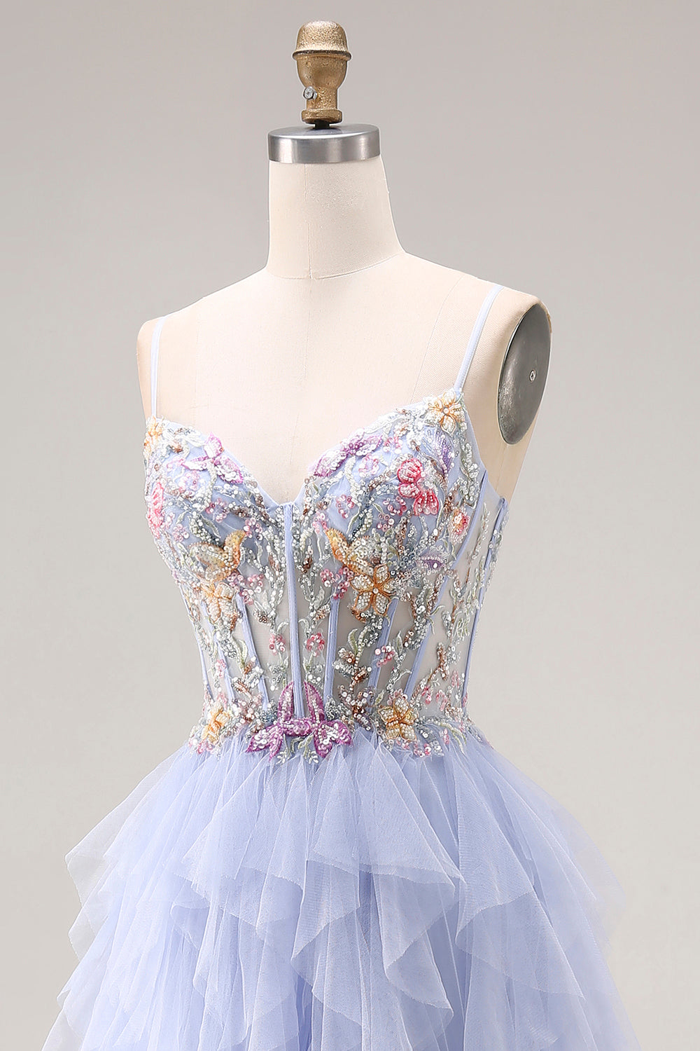 Sequin A Line Corset Ruffled Light Plum Prom Dress - Image 6