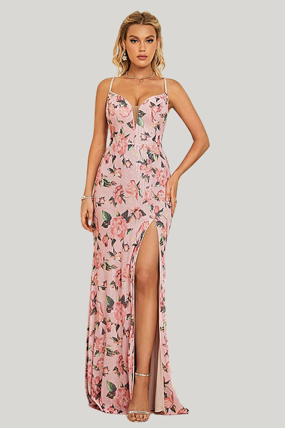 Sheath Flower Printed Blush A Line Maxi Dress with Slit - Image 4