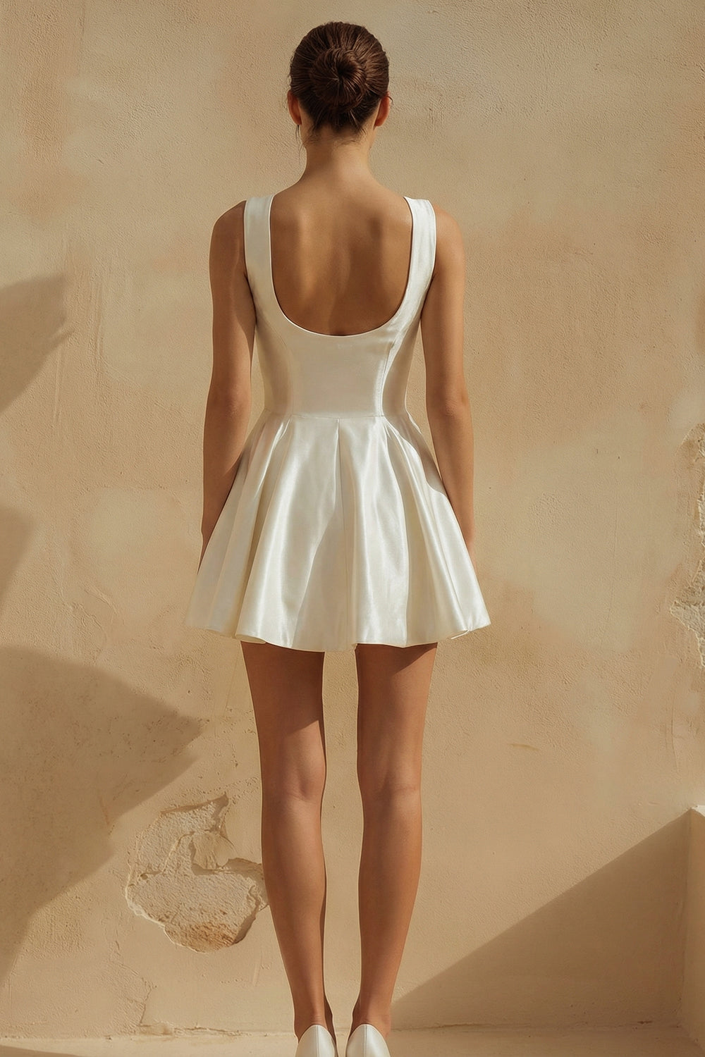 Satin A Line Scoop Neck Mini White Dress - Image 2