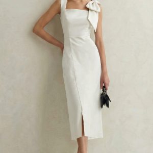 Satin Bodycon Midi White Dress with Bow