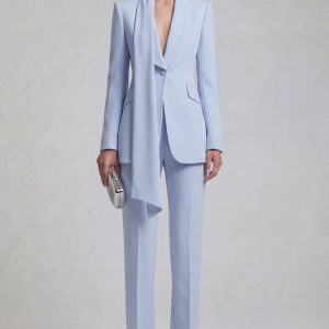 Shawl Lapel Blue 2 Piece Satin Single Buckle Women Suits