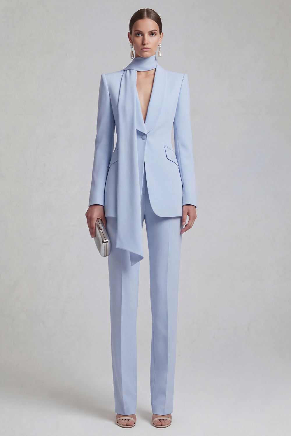 Shawl Lapel Blue 2 Piece Satin Single Buckle Women Suits