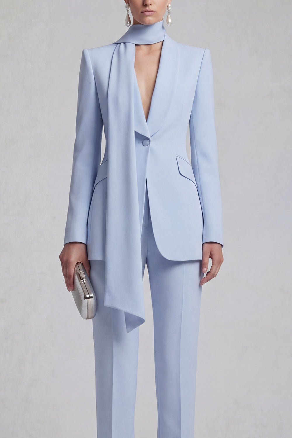 Shawl Lapel Blue 2 Piece Satin Single Buckle Women Suits - Image 3