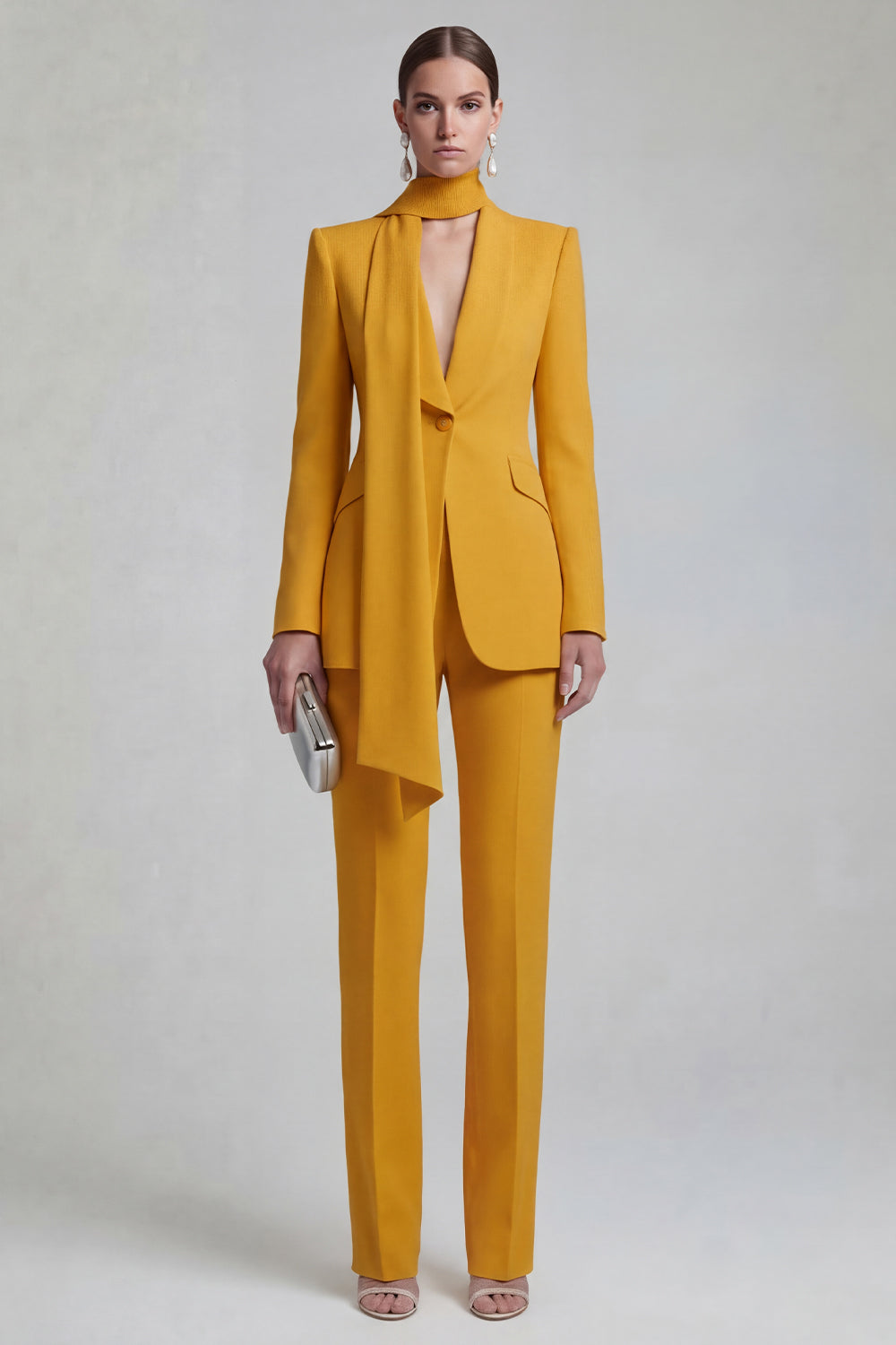 Shawl Lapel Blue 2 Piece Satin Single Buckle Women Suits - Image 5