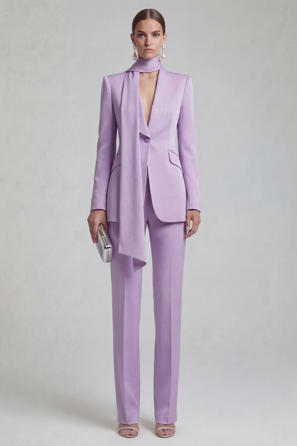 Shawl Lapel Blue 2 Piece Satin Single Buckle Women Suits - Image 9