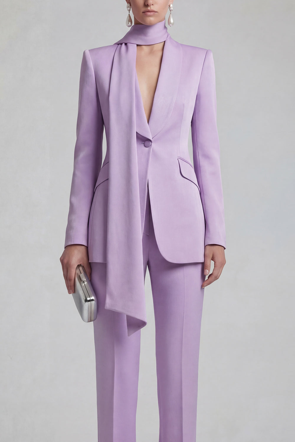 Shawl Lapel Blue 2 Piece Satin Single Buckle Women Suits - Image 11