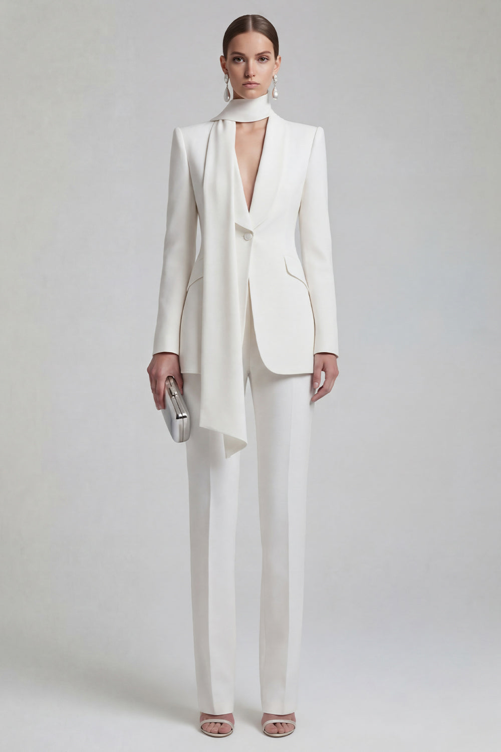 Shawl Lapel Blue 2 Piece Satin Single Buckle Women Suits - Image 13