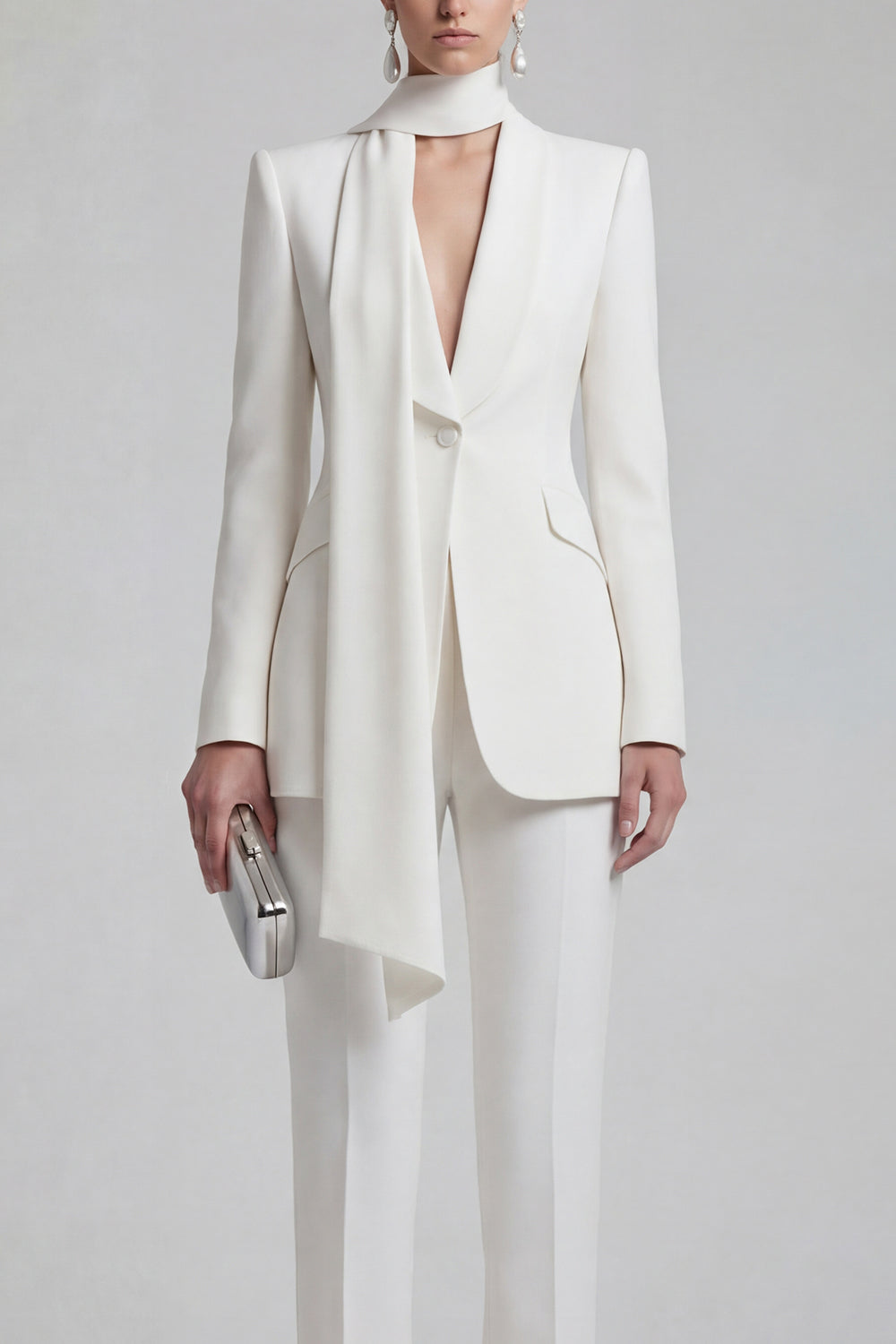 Shawl Lapel Blue 2 Piece Satin Single Buckle Women Suits - Image 15