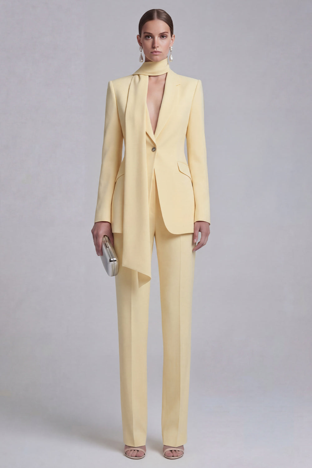 Shawl Lapel Blue 2 Piece Satin Single Buckle Women Suits - Image 17