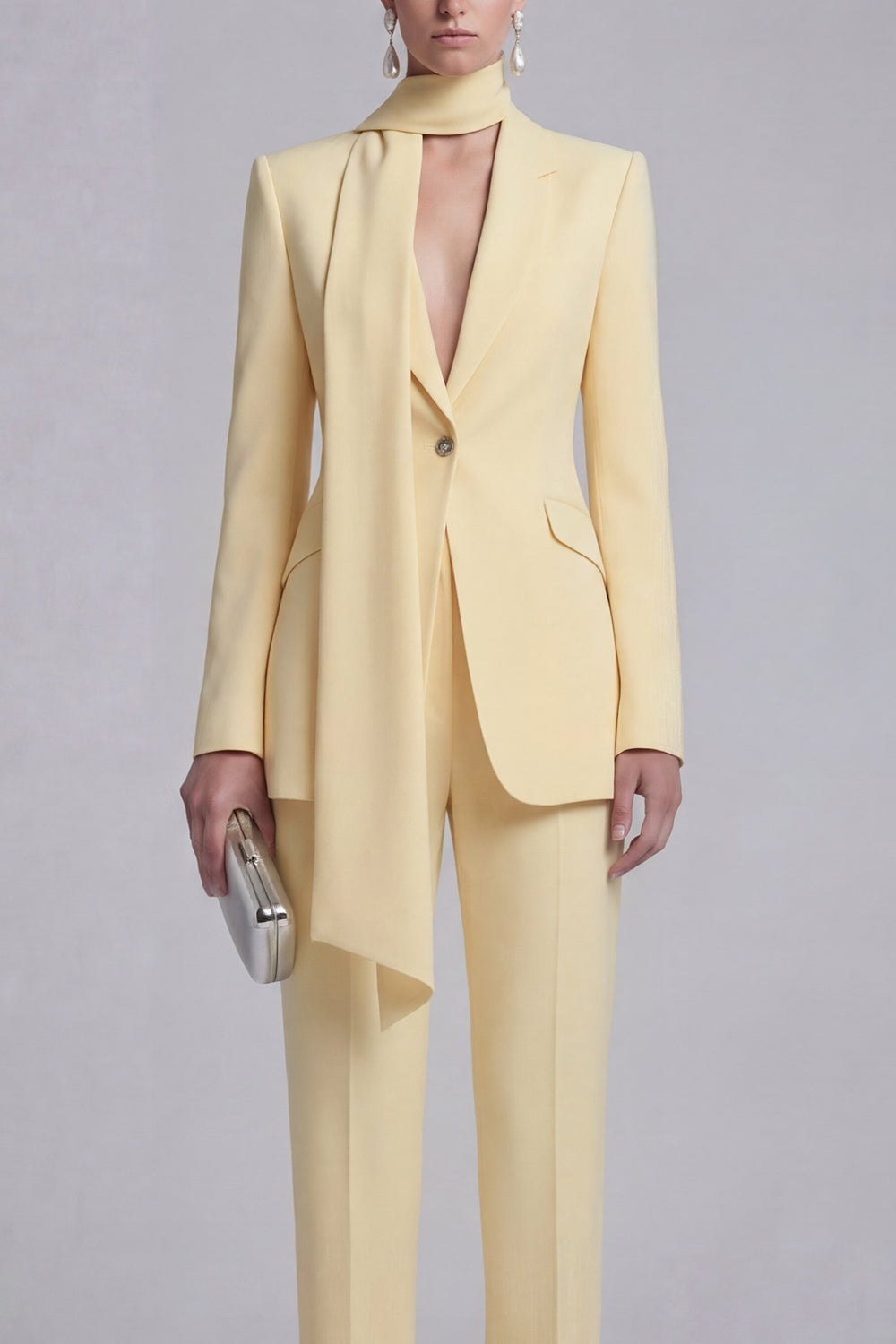 Shawl Lapel Blue 2 Piece Satin Single Buckle Women Suits - Image 19