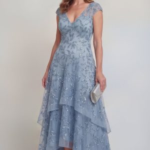 Sequin High Low Grey Blue Ruffled Mother of the Bride Dress