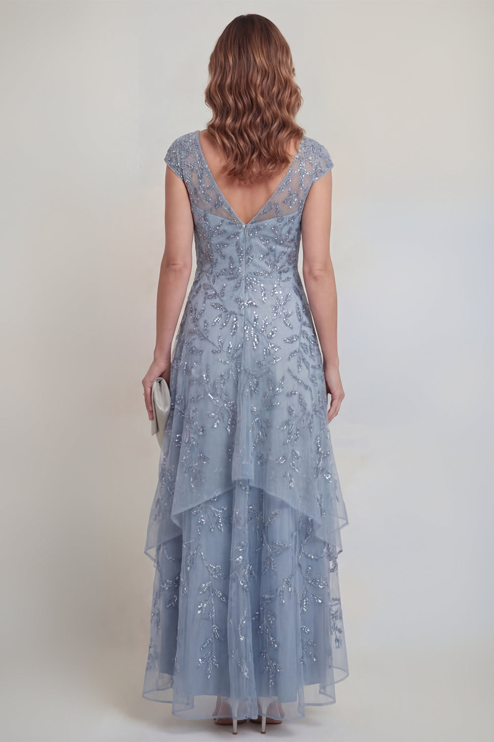 Sequin High Low Grey Blue Ruffled Mother of the Bride Dress - Image 2
