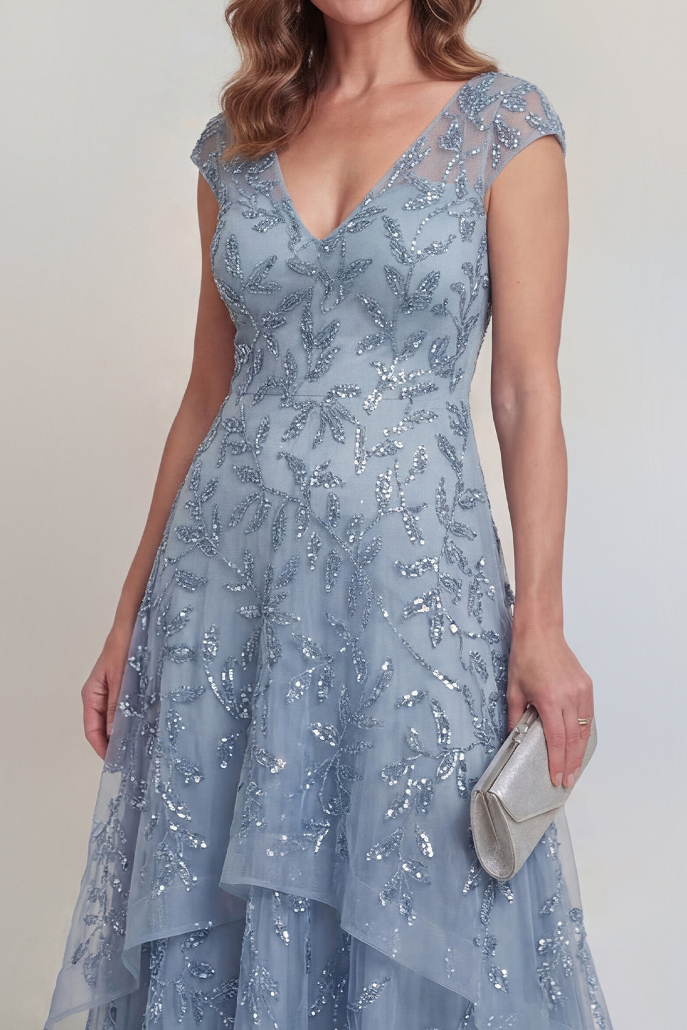Sequin High Low Grey Blue Ruffled Mother of the Bride Dress - Image 3