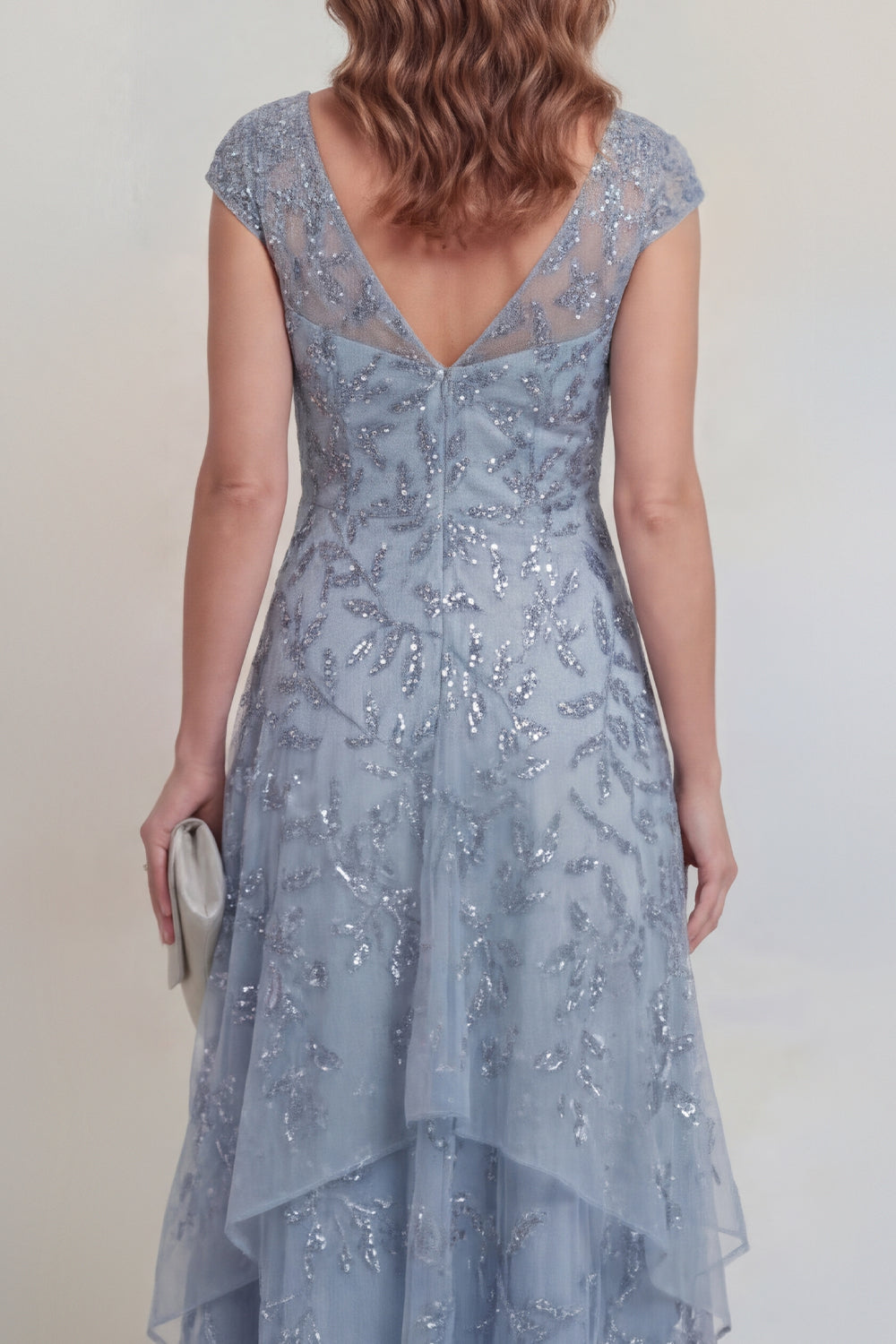 Sequin High Low Grey Blue Ruffled Mother of the Bride Dress - Image 4