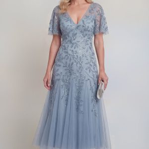 Sequin Grey Blue A Line V Neck Mother of the Bride Dress