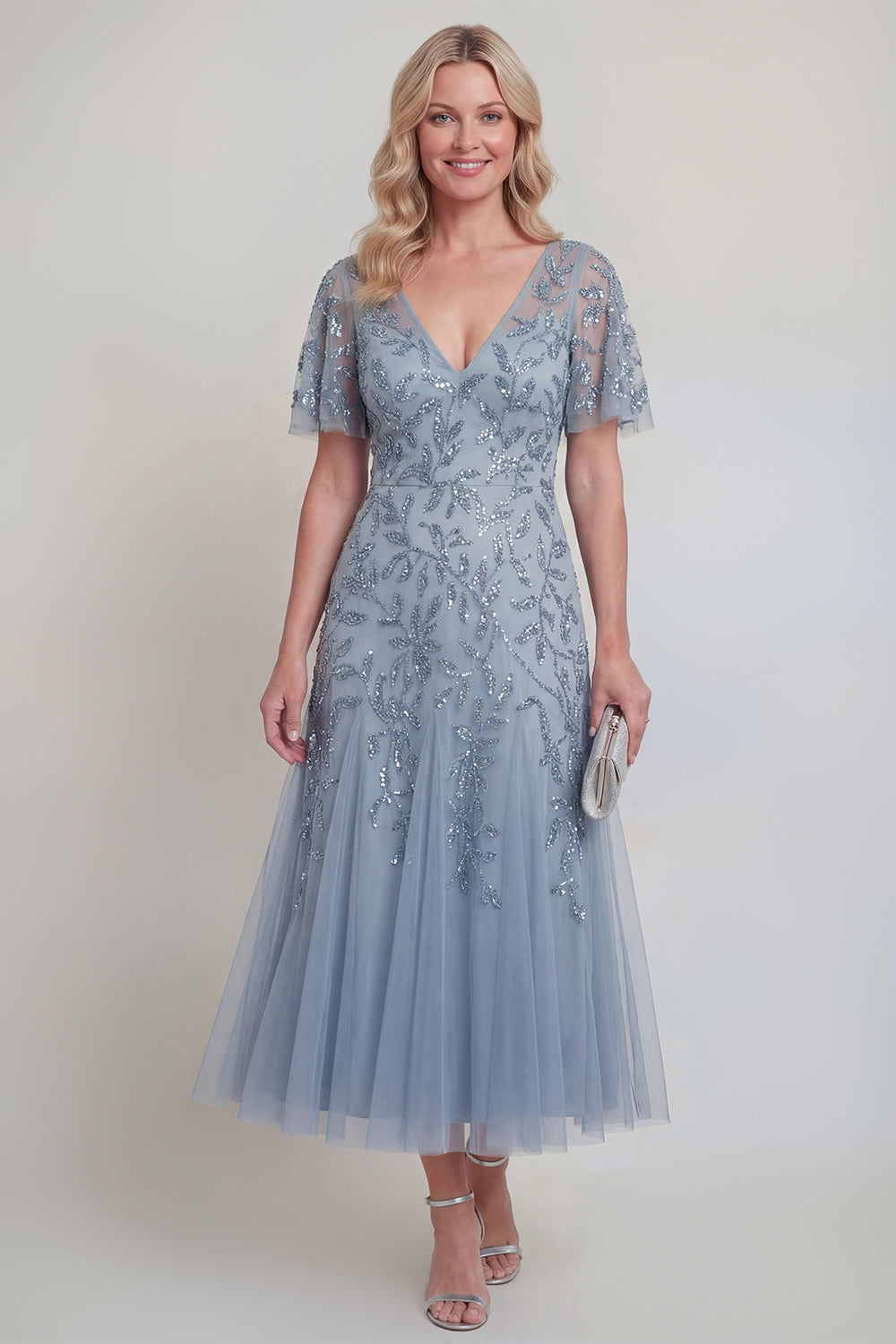 Sequin Grey Blue A Line V Neck Mother of the Bride Dress