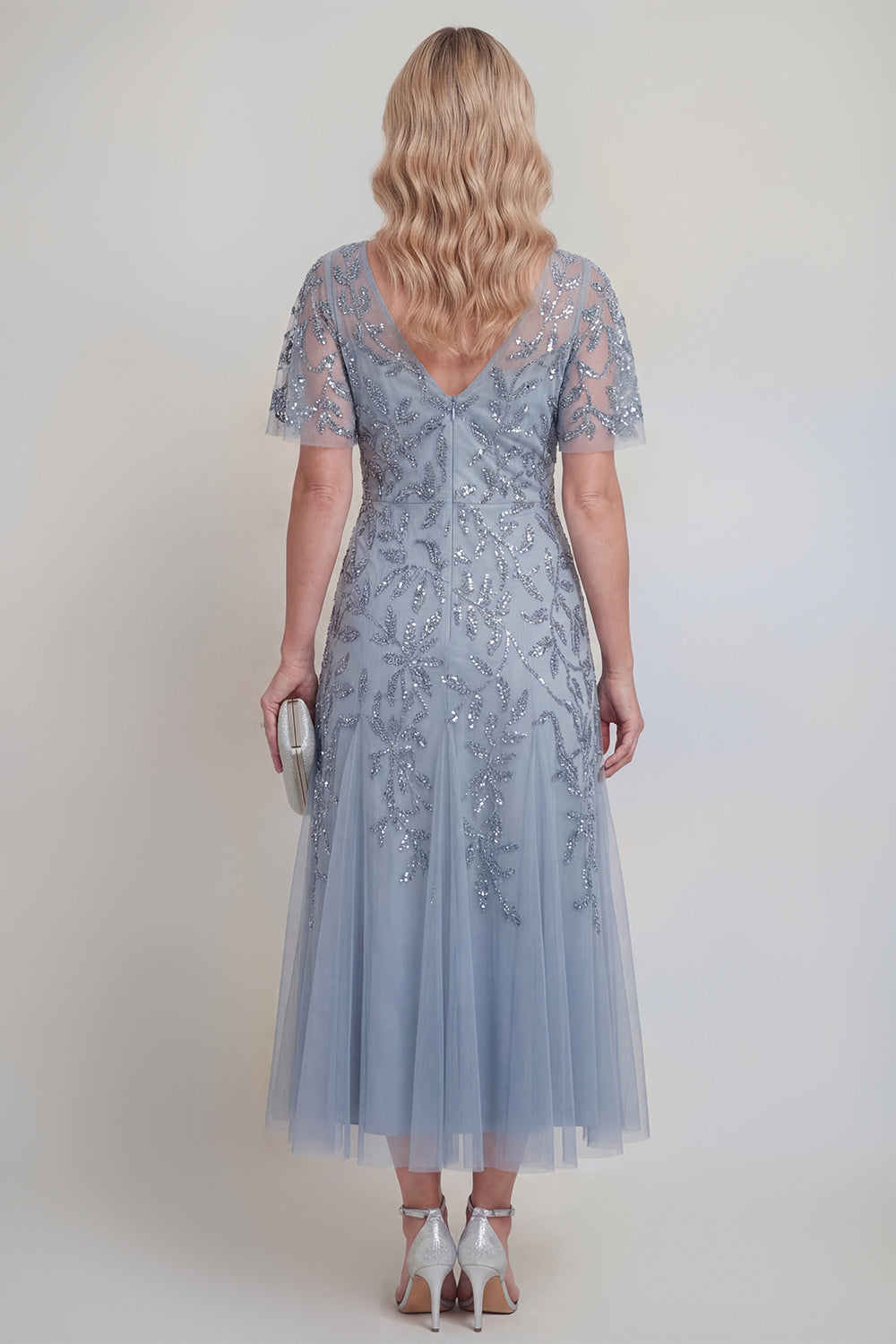 Sequin Grey Blue A Line V Neck Mother of the Bride Dress - Image 2