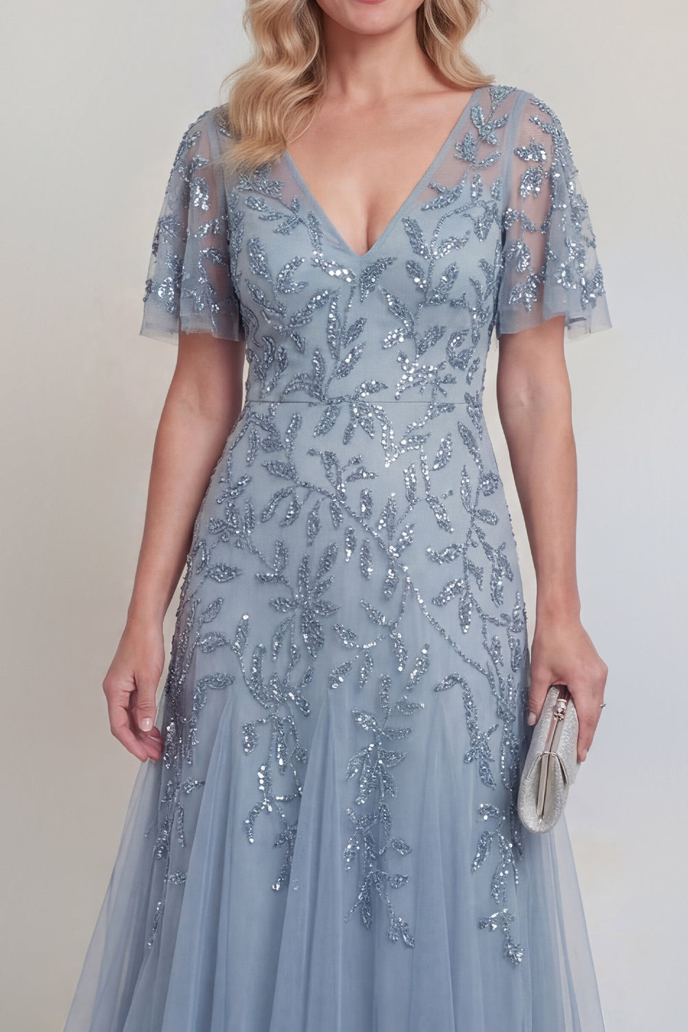 Sequin Grey Blue A Line V Neck Mother of the Bride Dress - Image 4