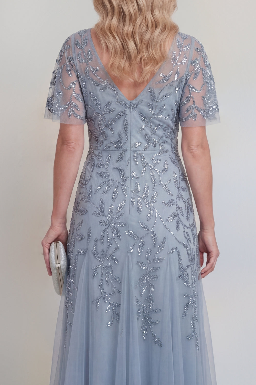 Sequin Grey Blue A Line V Neck Mother of the Bride Dress - Image 5