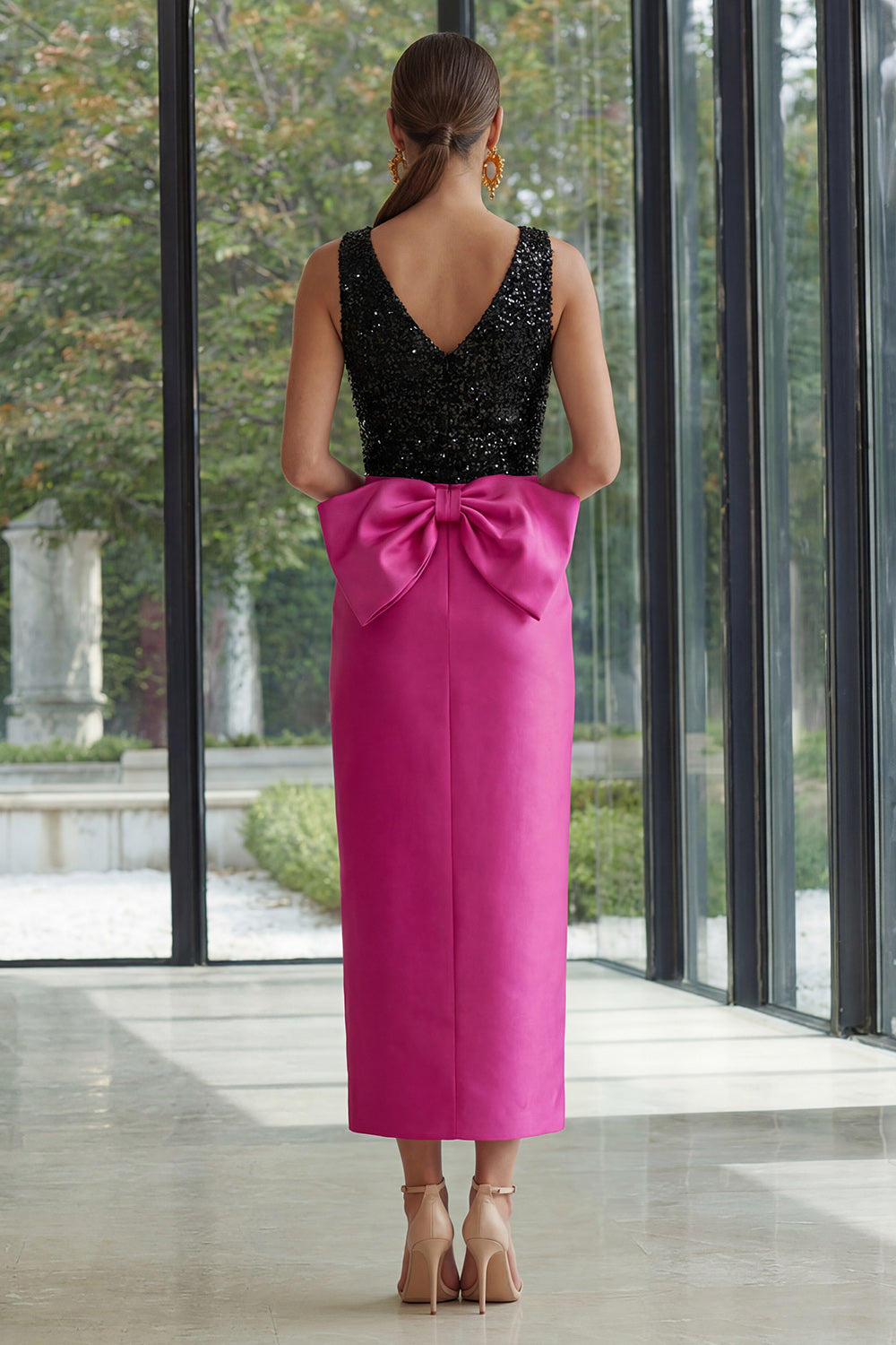 Sequin Bowed Fuchsia and Black Midi Formal Dress - Image 2