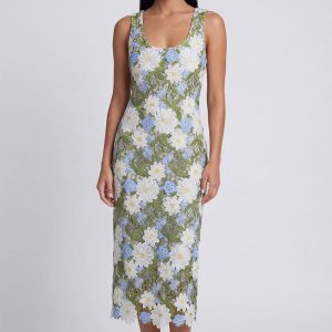 Scoop Neck Floral Green Cut Out Midi Wedding Guest Dress