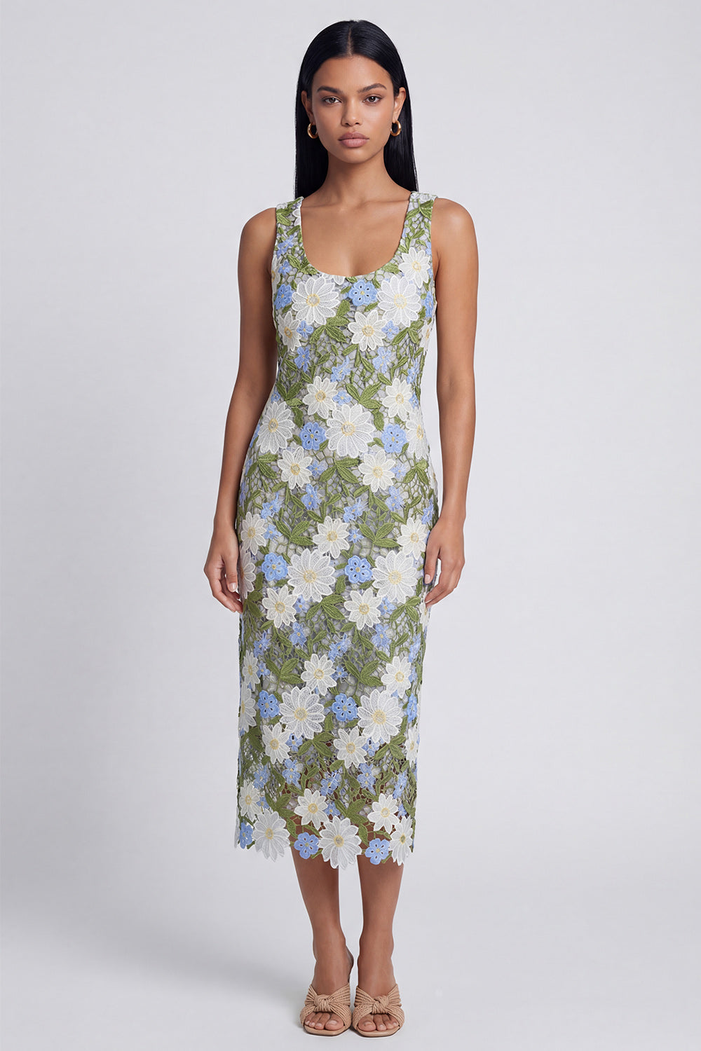 Scoop Neck Floral Green Cut Out Midi Wedding Guest Dress